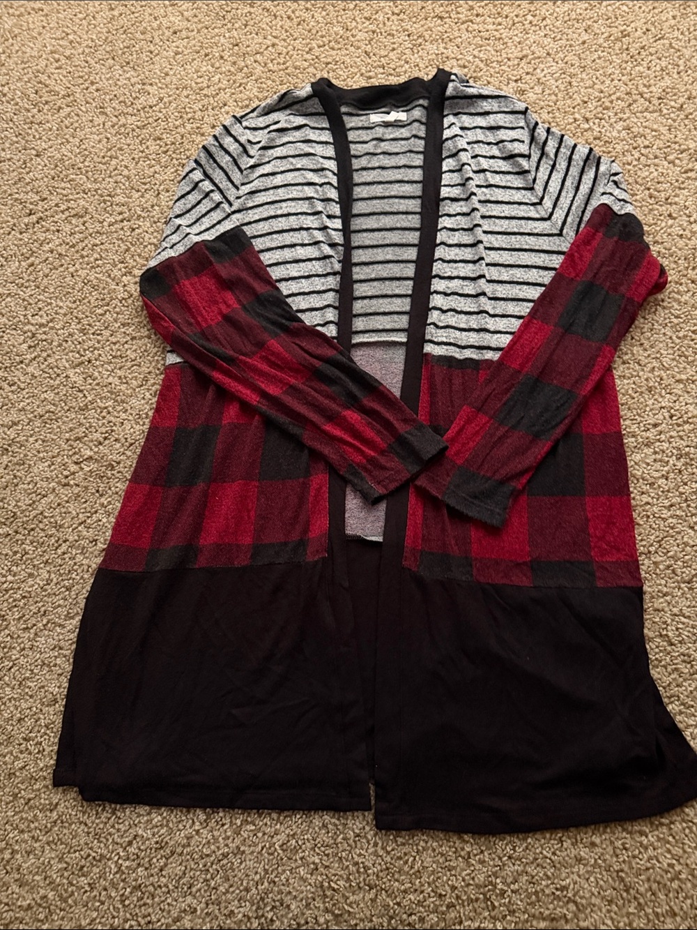 Maurices Red and Black Striped & Plaid Open Cardigan